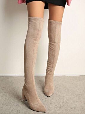 Beige Over-The-Knee Suede Boots – Chunky Heel Thigh High Boots - 9.5